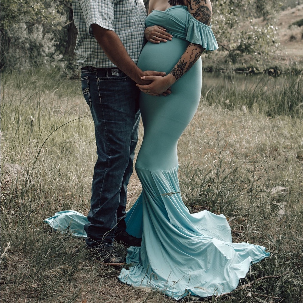 Off The Shoulder Ruffle Sleeve Maternity Maxi Gown